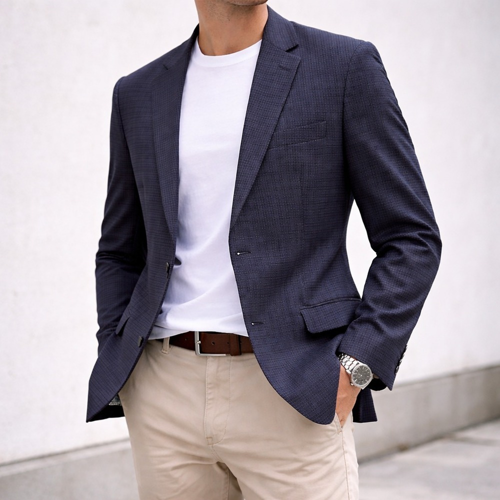 Savile Row Hoxton Blazer‎ 44L Blue Check Sport Coat Stretch Modern Smart Casual